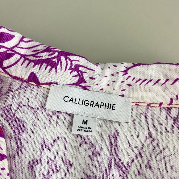 Calligraphie Anthropologie Linen Blend Button Front Top Medium Red Purple Floral - Picture 4 of 6